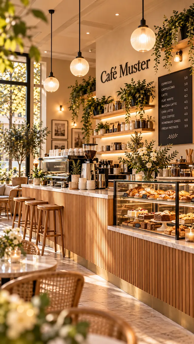 Tresen und Kaffeebar mit Barhockern, Kuchenvitrine und Regalen voller Pflanzen.
