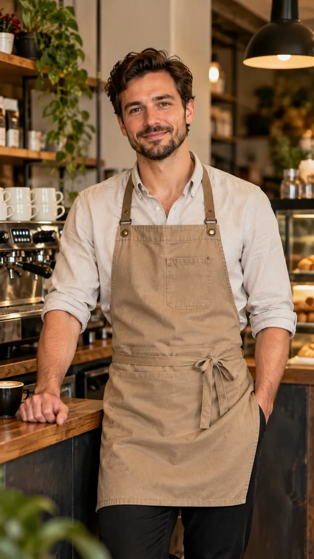 Lukas Mustermann, Barista, lächelnd in heller Schürze im Café Muster.