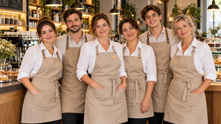 Das sechsköpfige Team des Café Muster in Schürzen vor dem Tresen.