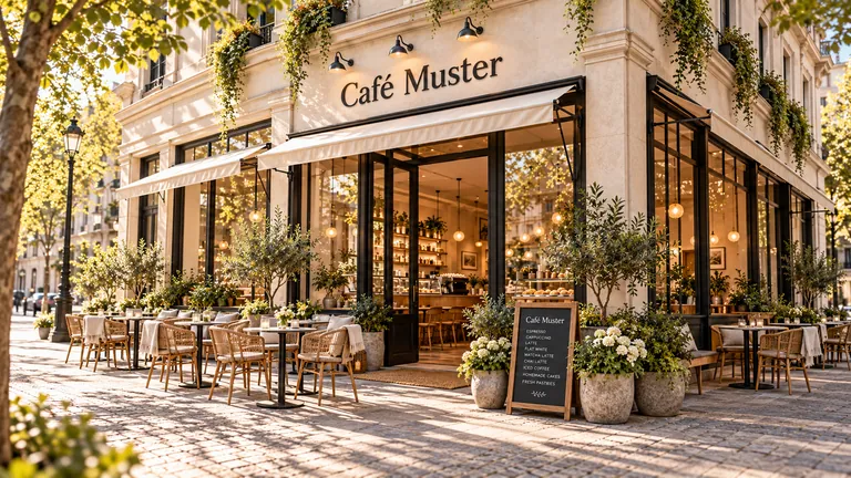 Außenansicht mit Terrasse: Bistrotische und Stühle vor der Fensterfront des Café Muster.