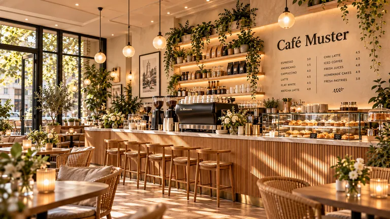 Barista-Arbeitsplatz mit Siebträgermaschine, Kaffeemühlen und Barhockern vor der Wandtafel mit dem Schriftzug Café Muster.