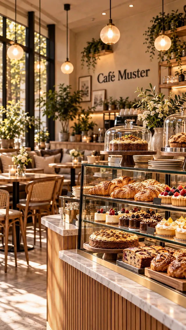 Hausgemachte Kuchen und frisches Gebäck in der Vitrine am Tresen.