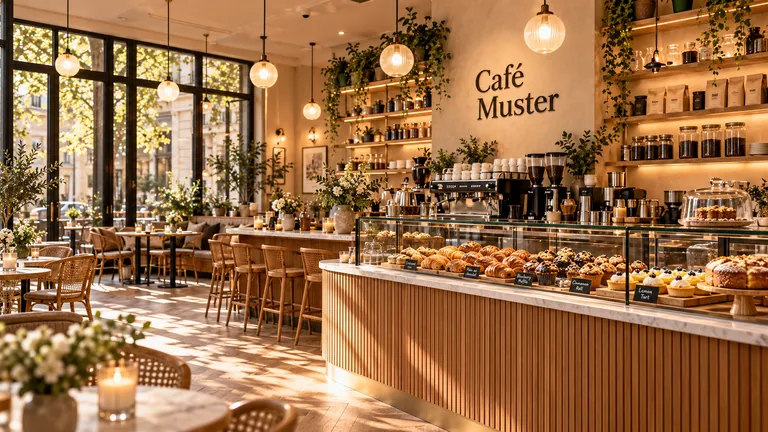 Theke mit Croissants, Kuchen und Tartes in der Vitrine, dahinter Siebträgermaschine und Regale mit Kaffee.