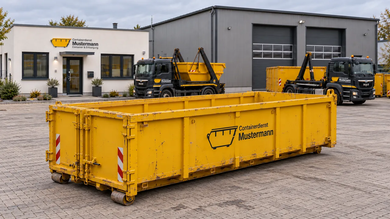 Gelber Abrollcontainer mit geschlossenen hinteren Türen.