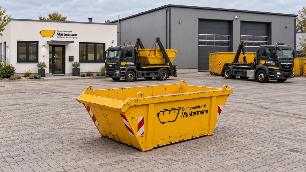 Kleine gelbe Absetzmulde auf dem Betriebshof.