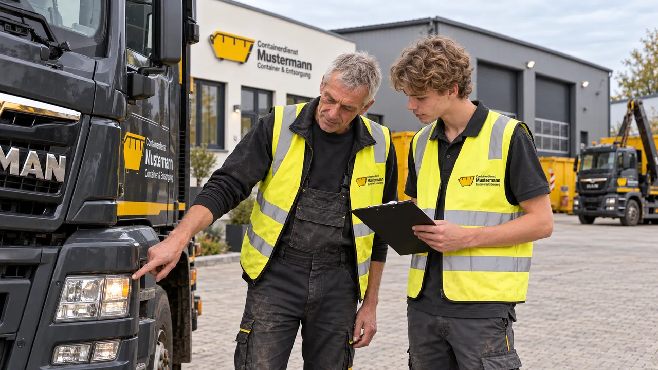 Jens Muster erklärt Leon Muster einen Kontrollpunkt am Firmen-Lkw.