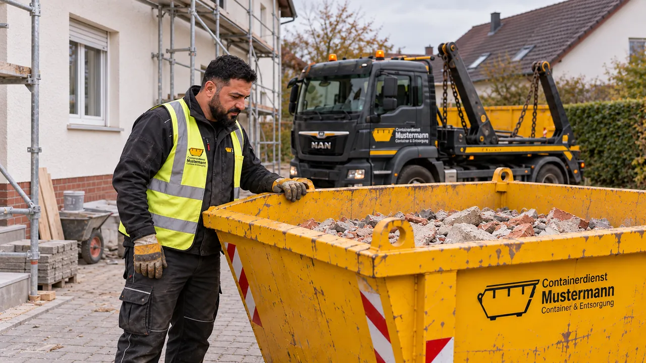 Murat Demir kontrolliert einen mit Ziegel- und Betonstücken befüllten Container.