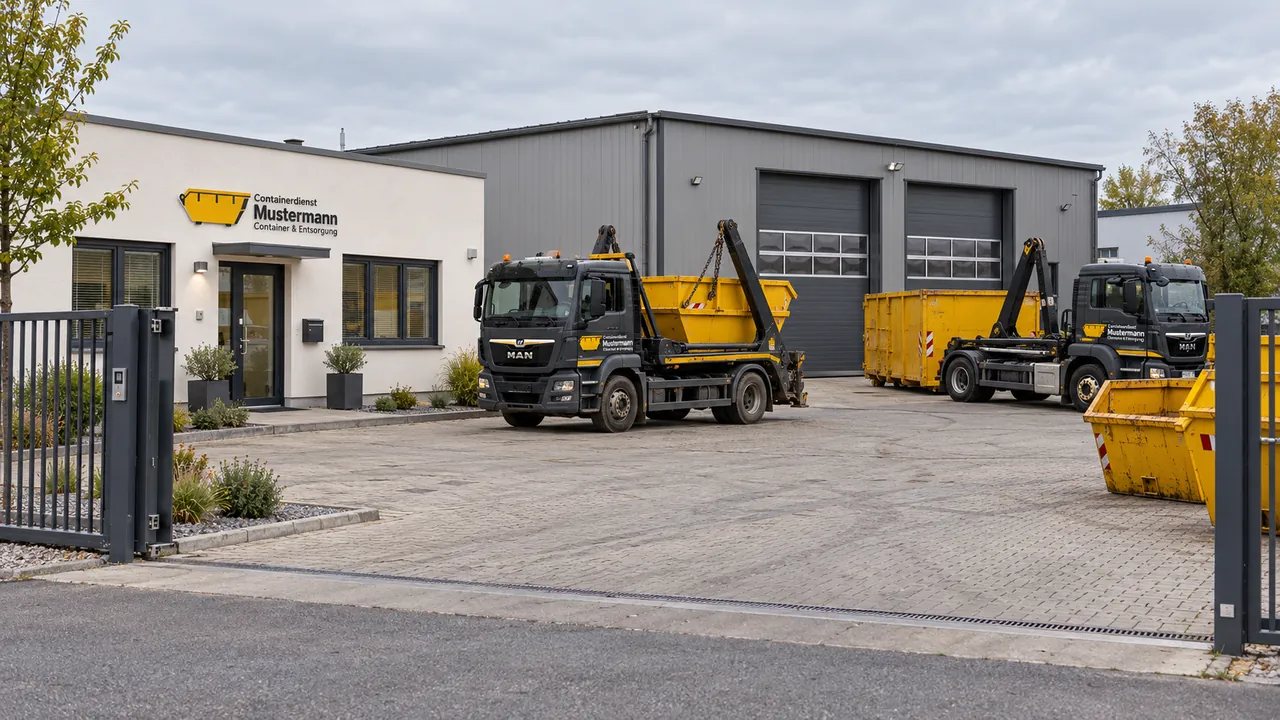 Einfahrt des Containerdienstes Mustermann mit Büro, Werkstatthalle und Firmenfahrzeugen.