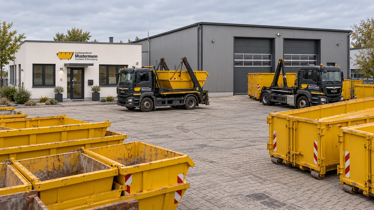 Gelbe Container und Firmen-Lkw auf dem befestigten Betriebshof.