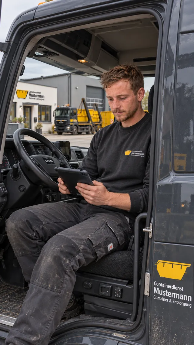 Daniel Beispiel prüft einen Auftrag auf einem Tablet im geparkten Lkw.