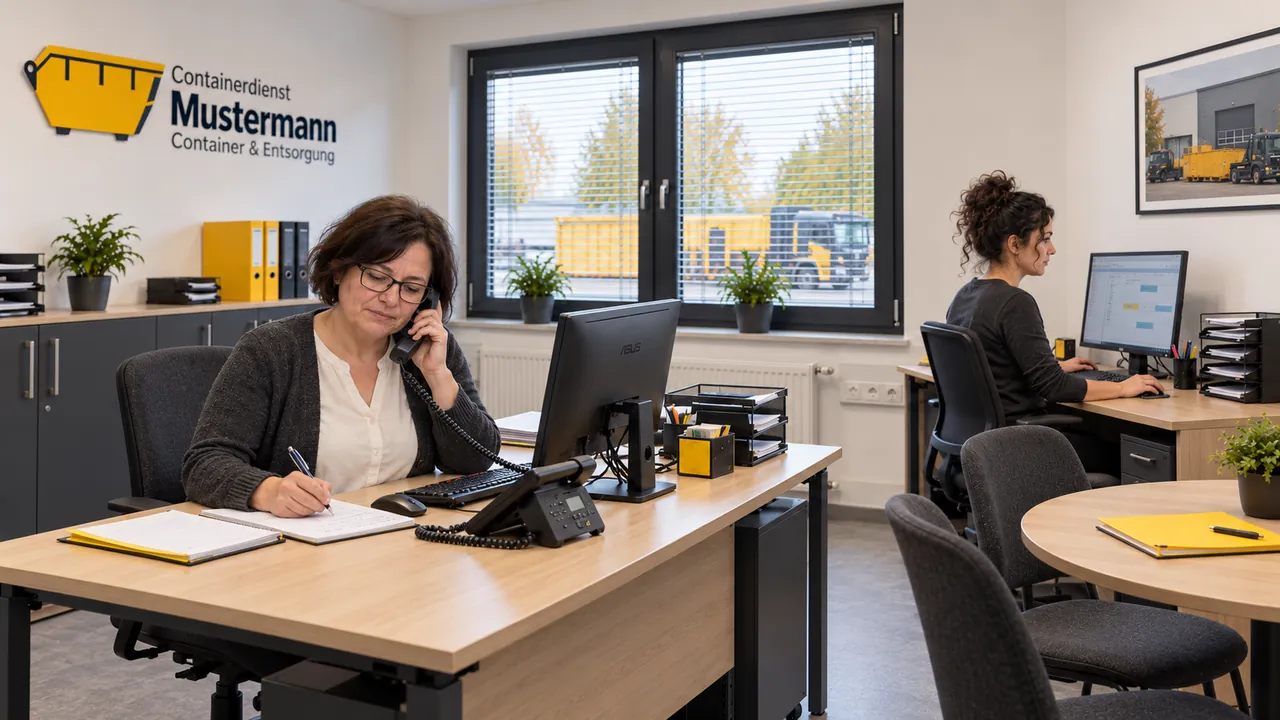 Sabine Musterfrau telefoniert, während Aylin Beispiel die Tourenplanung bearbeitet.