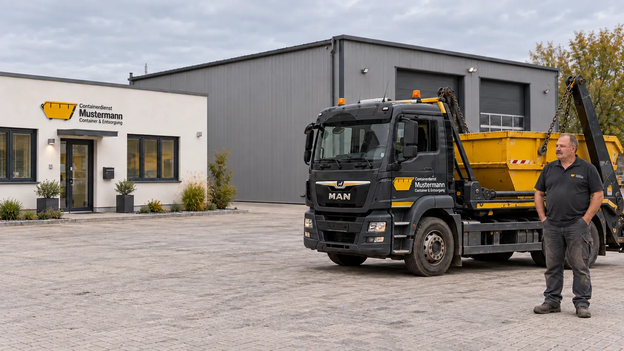 Thomas Mustermann neben einem Firmen-Lkw mit gelber Absetzmulde.