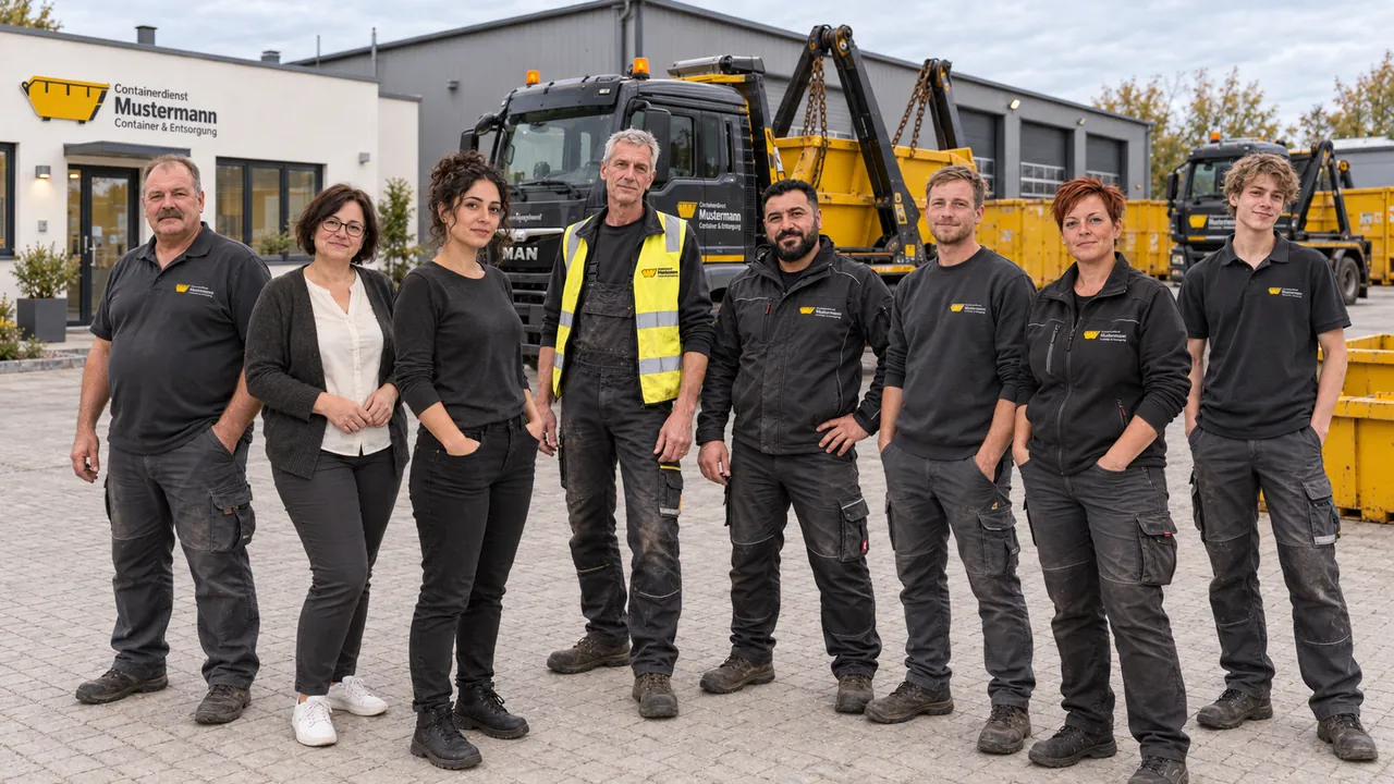 Die acht Teammitglieder des Containerdienstes Mustermann auf dem Betriebshof.