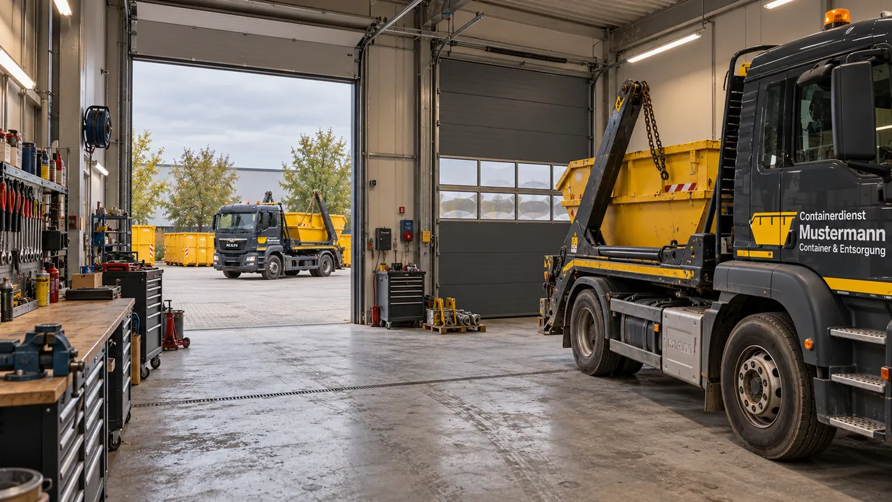 Werkstatthalle mit Werkbank, Werkzeugen und Container-Lkw.
