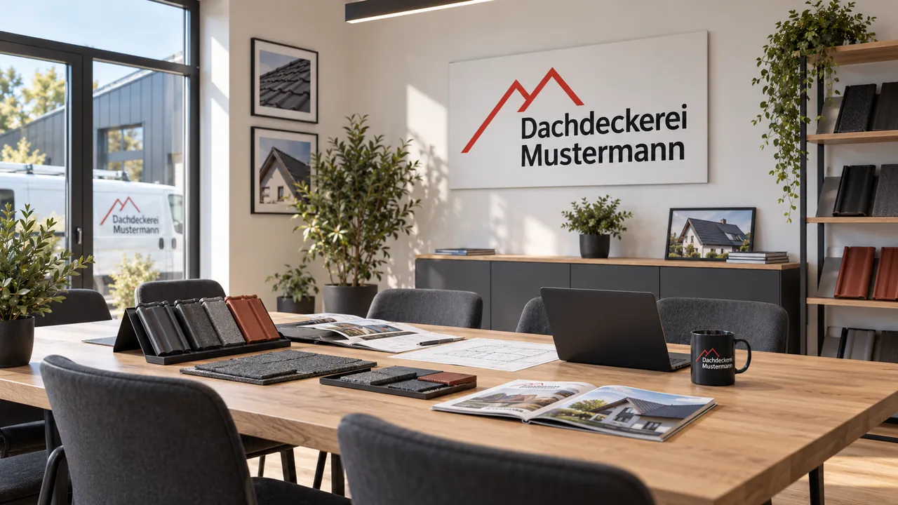 Beratungsraum mit Besprechungstisch und Mustern verschiedener Dachziegel.
