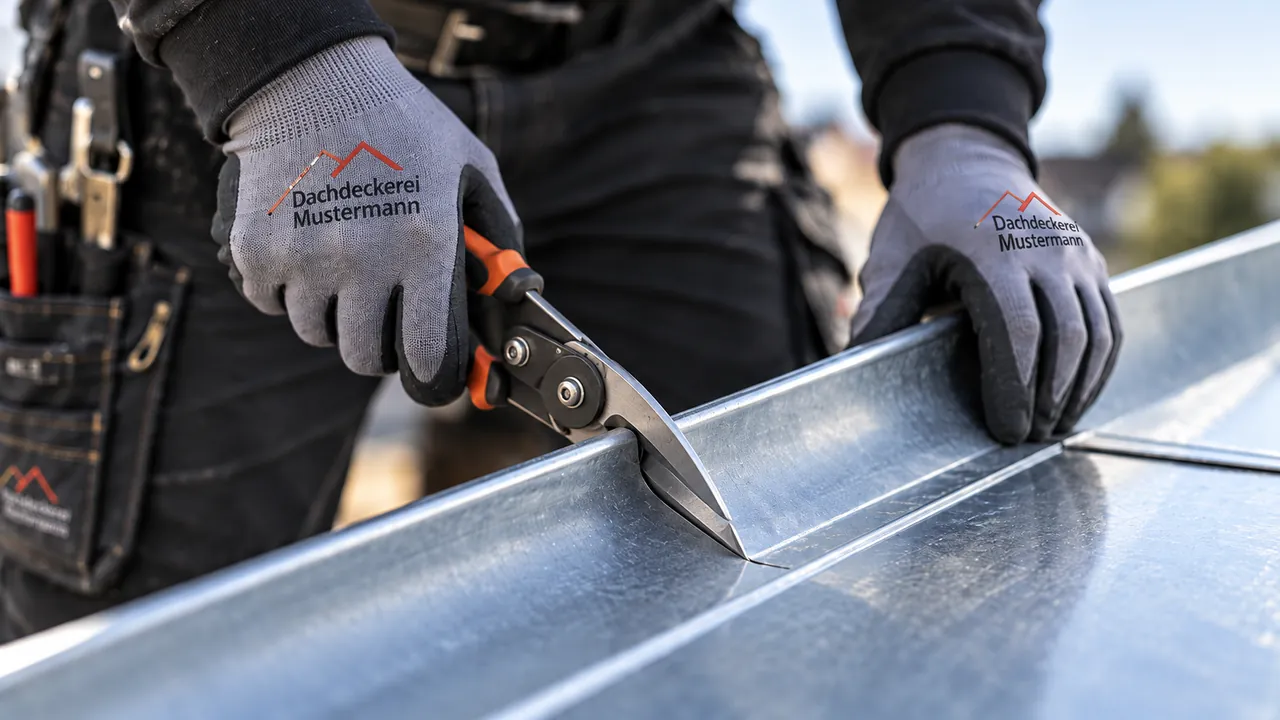 Hände in Arbeitshandschuhen schneiden ein Blech für einen Dachanschluss mit der Blechschere zu.