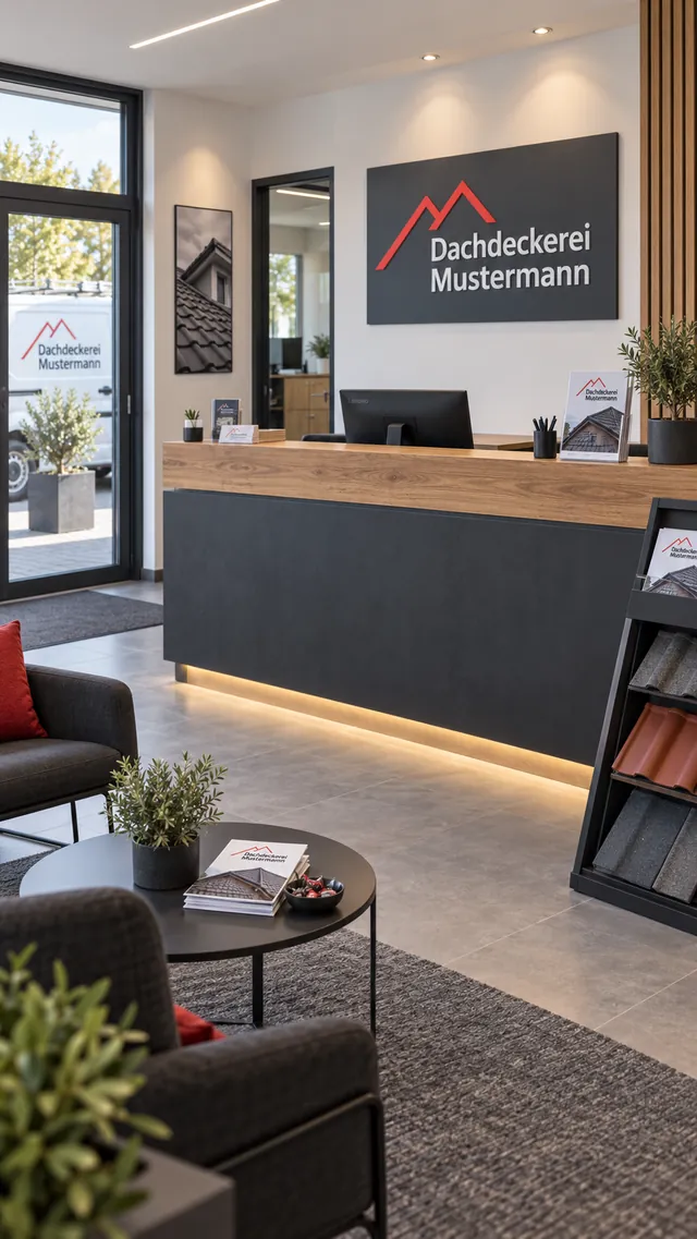 Empfangstheke und Wartebereich im Büro der Dachdeckerei Mustermann.