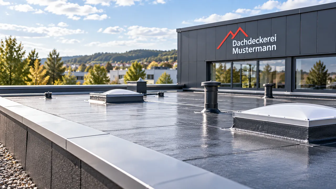 Flachdach mit Lichtkuppeln vor dem Firmengebäude der Dachdeckerei Mustermann.