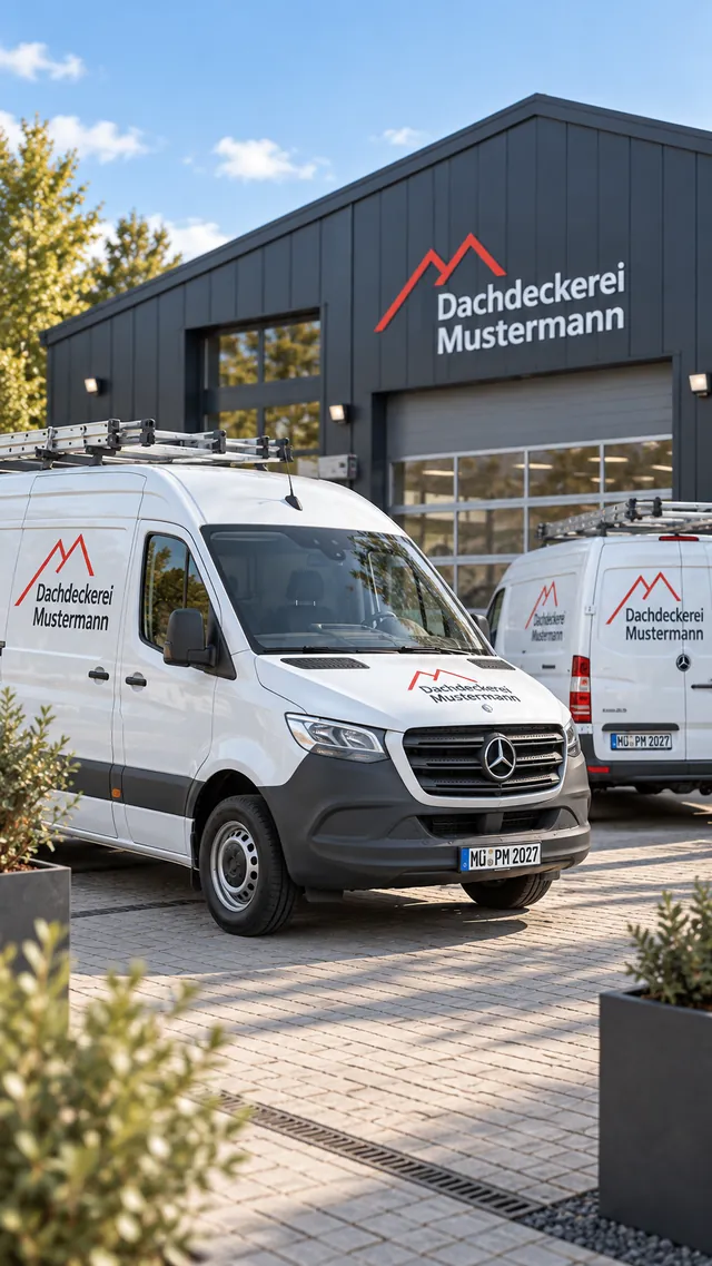 Weiße Transporter der Dachdeckerei Mustermann mit Leitern auf dem Dach.