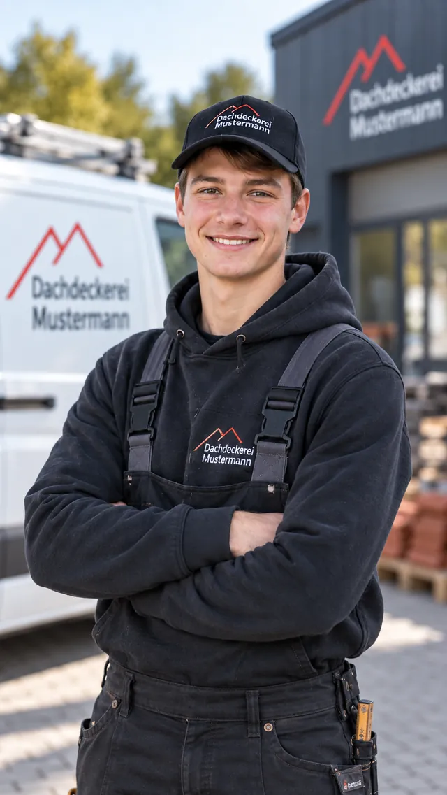 Lukas Beispiel, Dachdecker, in Arbeitskleidung vor der Werkstatthalle.