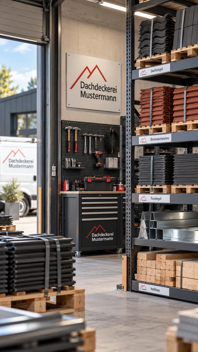 Materiallager mit Regalen voller Dachziegel, Dachsteine, Bleche und Holzlatten.
