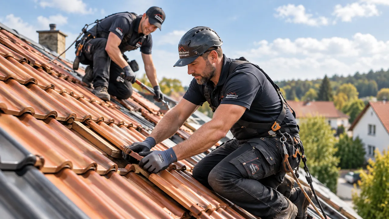 Zwei Dachdecker mit Absturzsicherung decken ein Steildach mit roten Tondachziegeln.