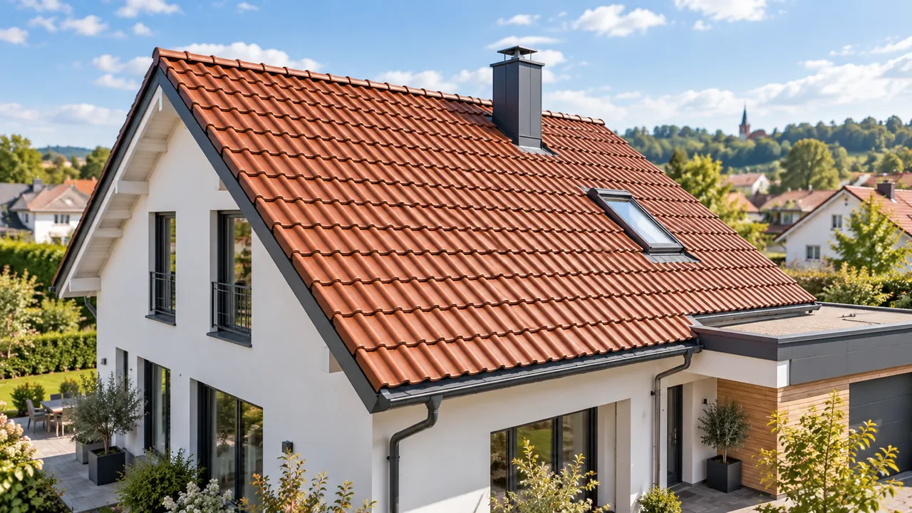 Einfamilienhaus mit Steildach aus roten Tondachziegeln, Dachfenster und Kamin.