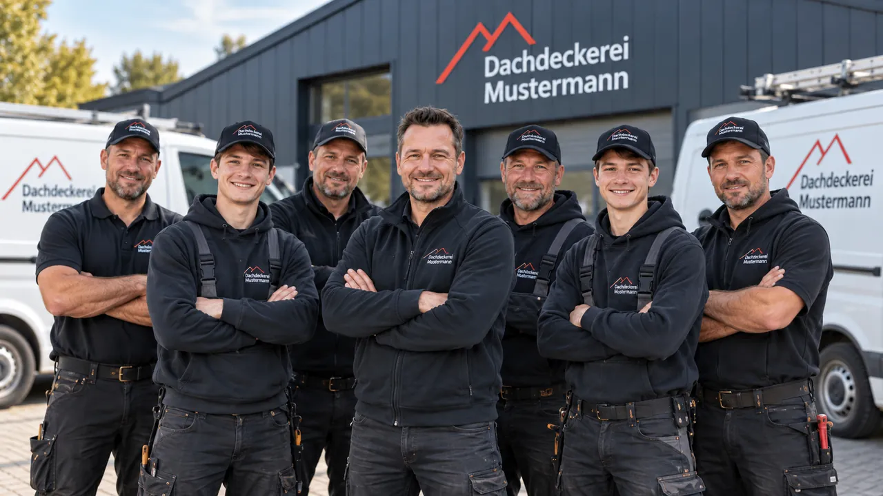 Das Team der Dachdeckerei Mustermann vor dem Firmengebäude und den Transportern.