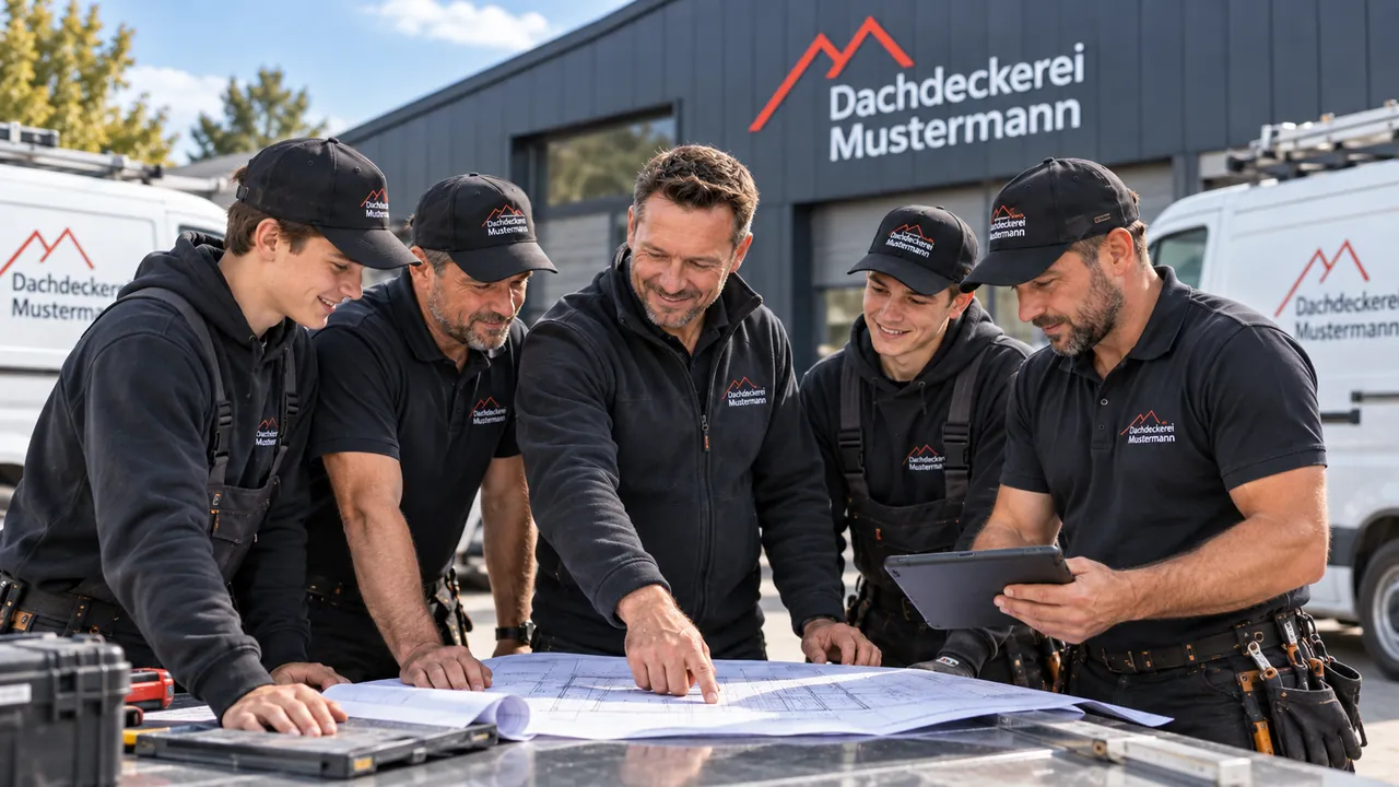 Fünf Mitarbeiter der Dachdeckerei besprechen vor dem Firmengebäude einen Bauplan.