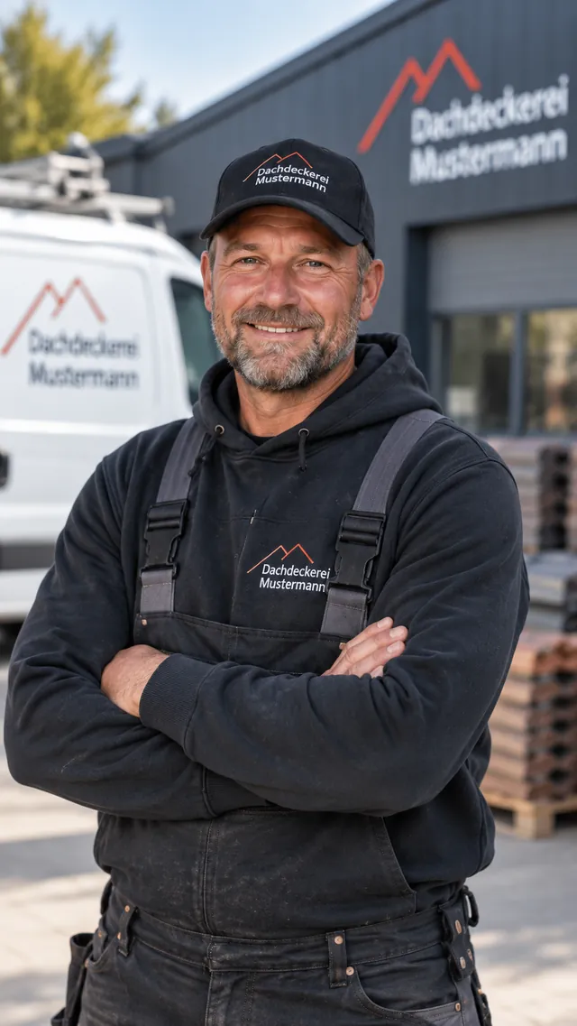 Thomas Muster, Dachdecker, in Arbeitskleidung vor der Werkstatthalle.