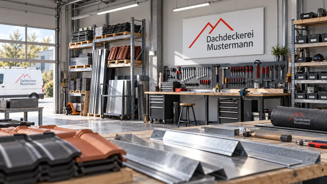 Werkstatt mit Werkbank, Werkzeugwand, Blechen und Dachziegeln.