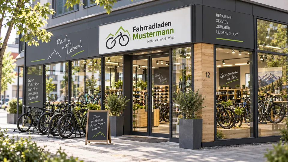 Der Fahrradladen von außen: dunkle Fassade mit Logo-Schild, Fahrradständer und Tafel vor dem Eingang
