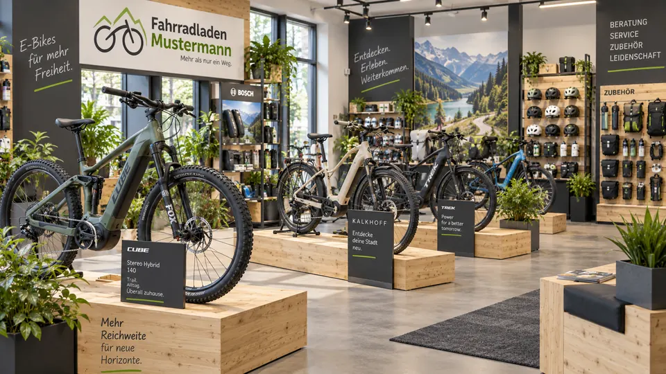 E‑Bikes auf Holzpodesten im Fahrradladen, dahinter Helme und Zubehör an der Wand