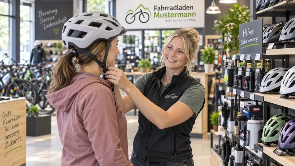 Sophie Musterfrau stellt bei einer Kundin den Fahrradhelm passend ein