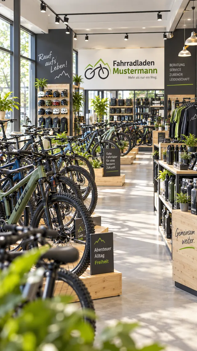 Blick in den Fahrradladen: Reihen von Fahrrädern auf Holzpodesten, rechts Zubehör und Kasse