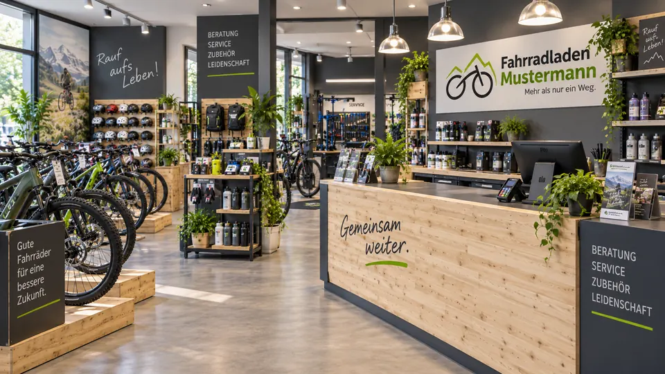 Kasse und Empfang im Fahrradladen, links Fahrräder, rechts der Tresen aus Holz