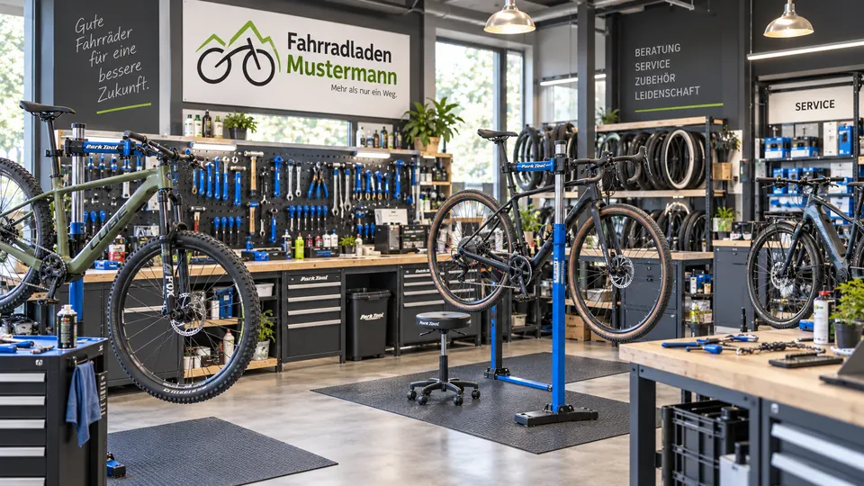 Werkstatt des Fahrradladens mit Montageständern, Werkzeugwand und Reifenregal