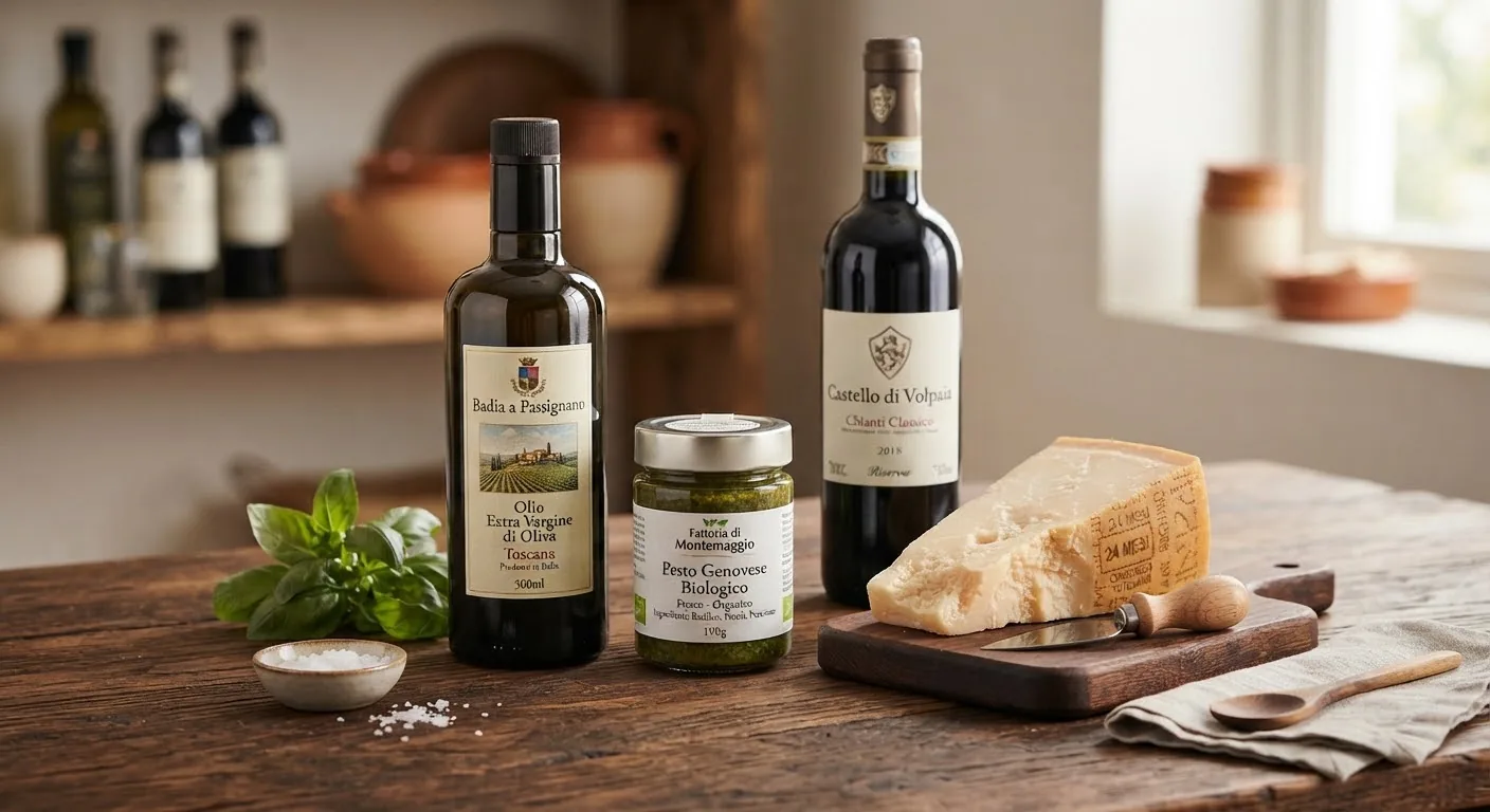 Toskanisches Olivenöl, Basilikumpesto, Parmigiano und Chianti auf dunklem Holz