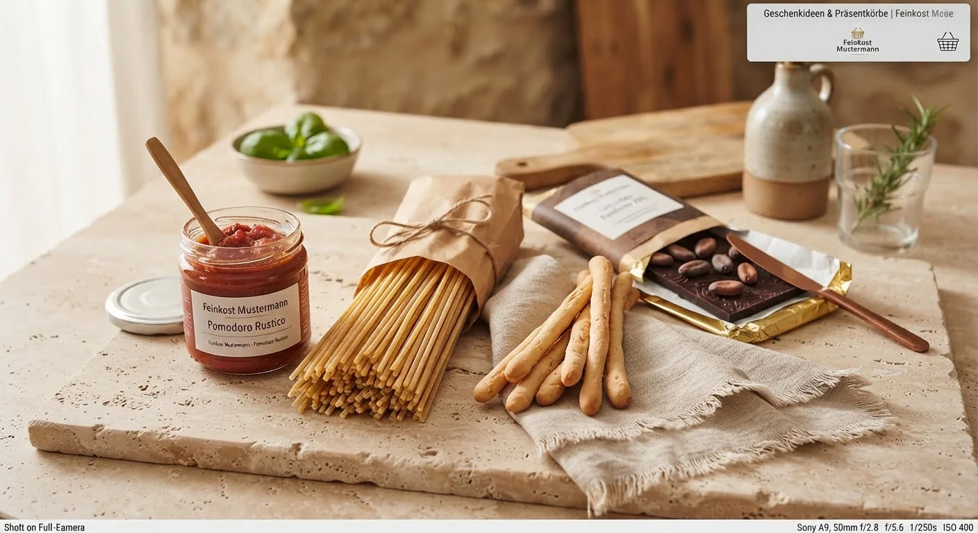Bronzegezogene Pasta, Tomatensugo, Grissini und Schokolade auf hellem Stein