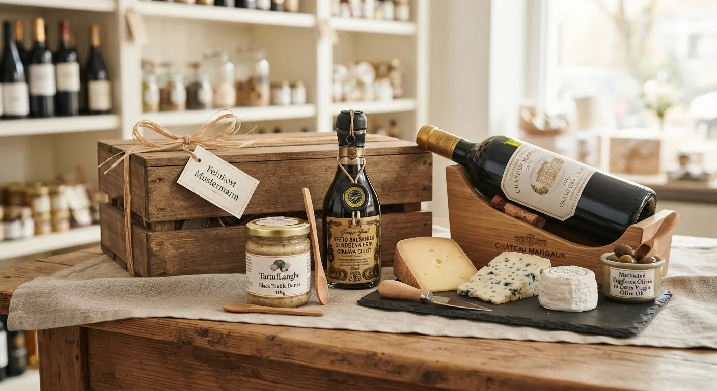 Trüffelbutter, Aceto Balsamico, französischer Käse, Oliven und Wein