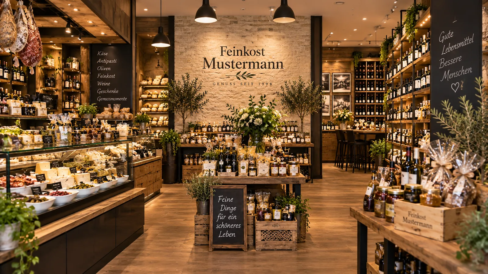 Laden Innenansicht Mittelgang mit Olivenbäumchen