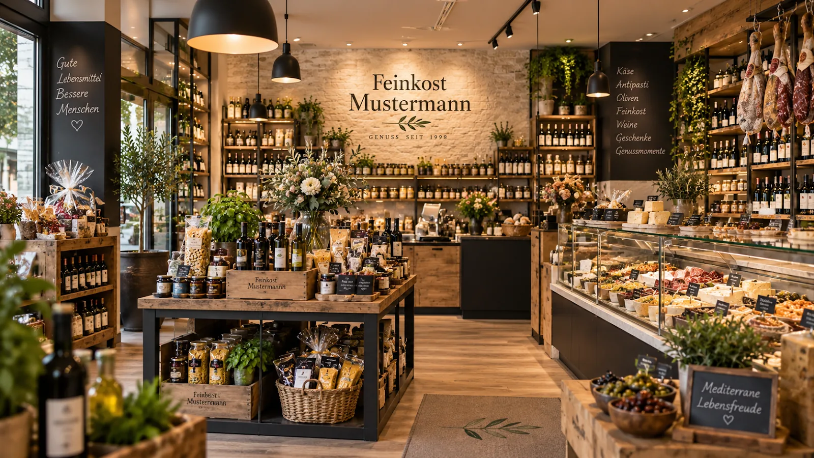 Servicebereich und Degustationstisch im Feinkostladen