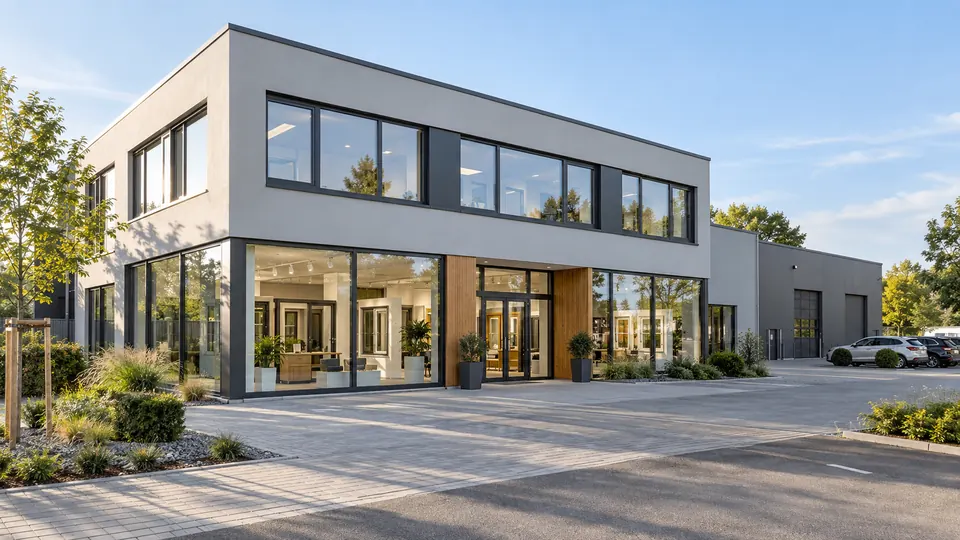 Außenansicht des Betriebs: zweigeschossiger Neubau mit großen Fensterflächen, Eingang mit Holzverkleidung, davor gepflasterter Vorplatz.