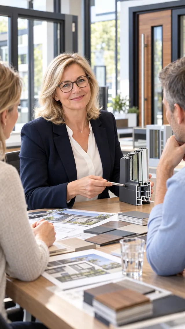 Sabine Musterfrau im Beratungsgespräch, vor ihr Profilmuster und Unterlagen.