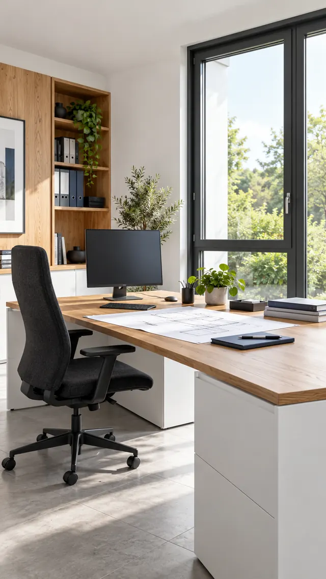 Einzelbüro mit Schreibtisch aus Holz, Regal und großem Fenster.