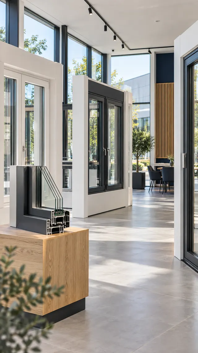 Fensterausstellung mit Profilmustern im Schnitt und mehreren ausgestellten Fenstern.