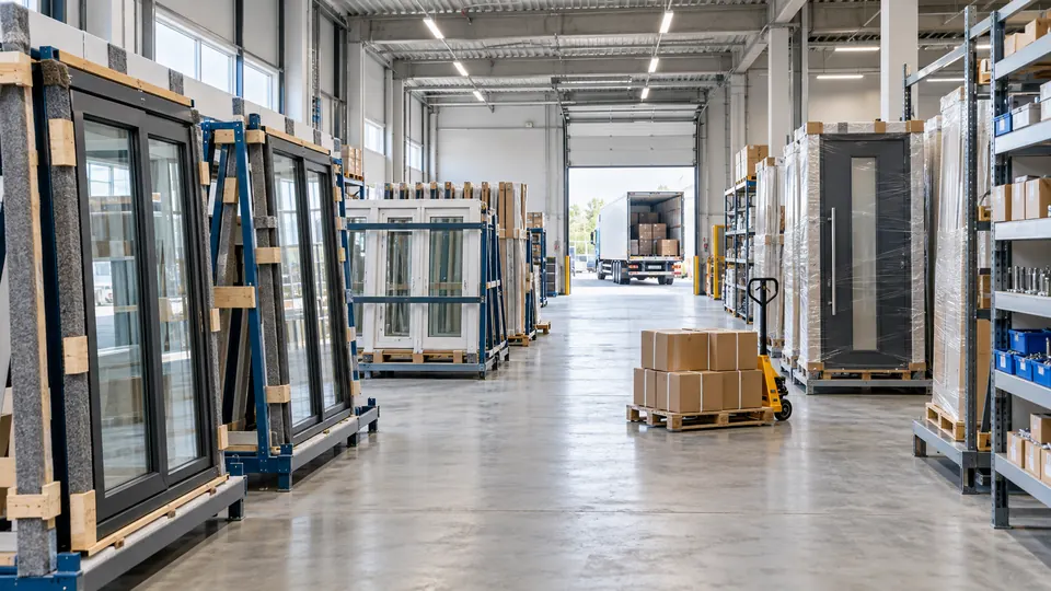 Lager und Logistik: verpackte Fenster und Türen auf Gestellen, Paletten und ein Lieferwagen am Tor.