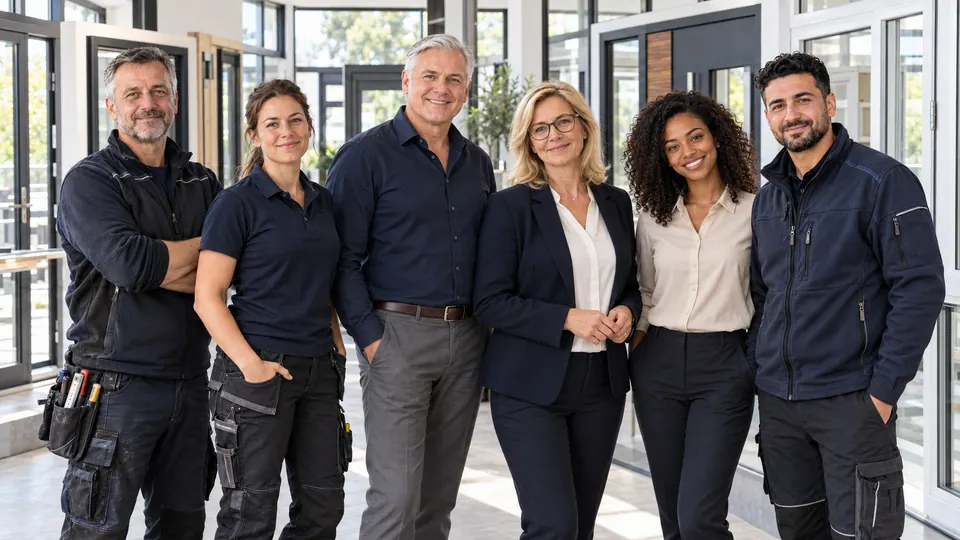 Gemeinsames Teambild: sechs Personen stehen nebeneinander in der Ausstellung.