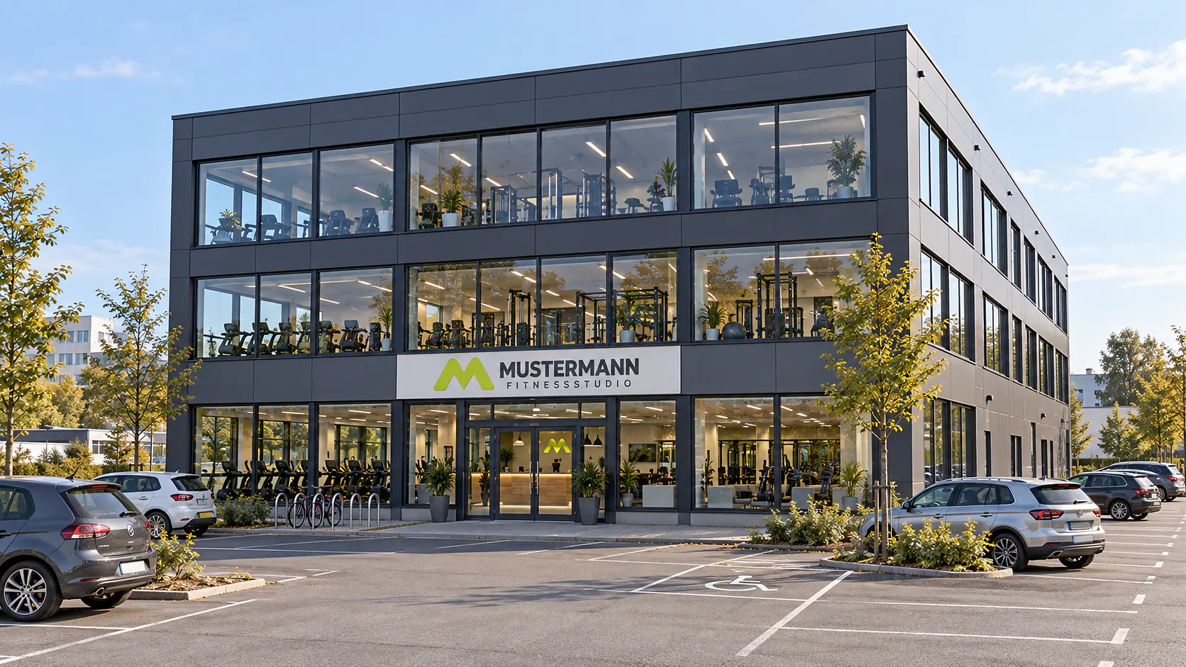 Das Studiogebäude mit großen Fensterfronten und dem Schild „Mustermann Fitnessstudio“ über dem Eingang.