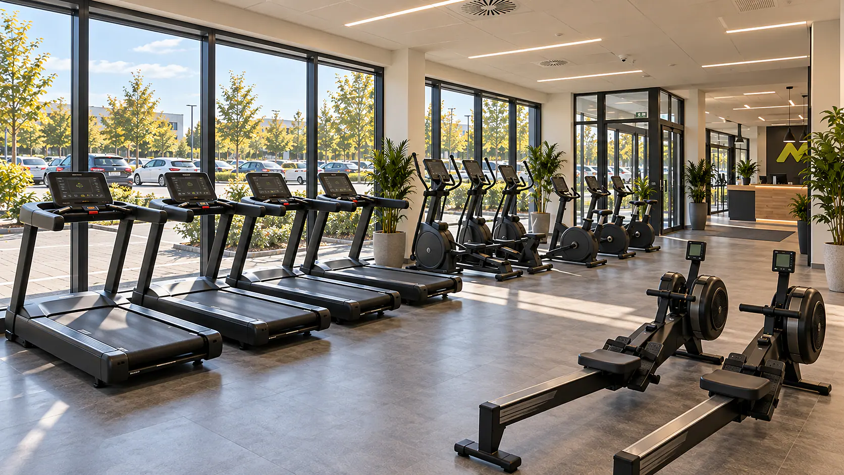 Cardiozone an der Fensterfront mit Laufbändern, Crosstrainern, Ergometern und Rudergeräten.